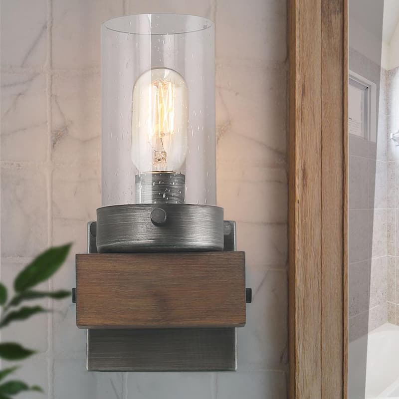 Viney 1-Light Modern Rustic Bathroom Vanity Light Farmhouse Wood Wall Sconce with Seeded Glass Shade