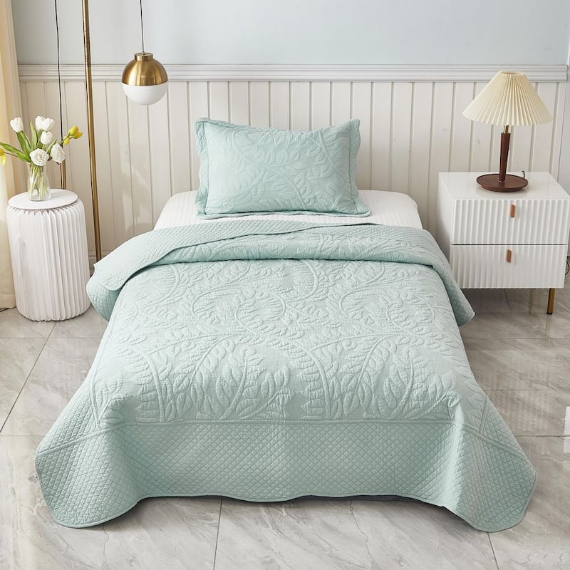 T-Monica 2-Piece Aruba Blue Embroidery 100% Cotton Lightweight Twin Size Quilt Set