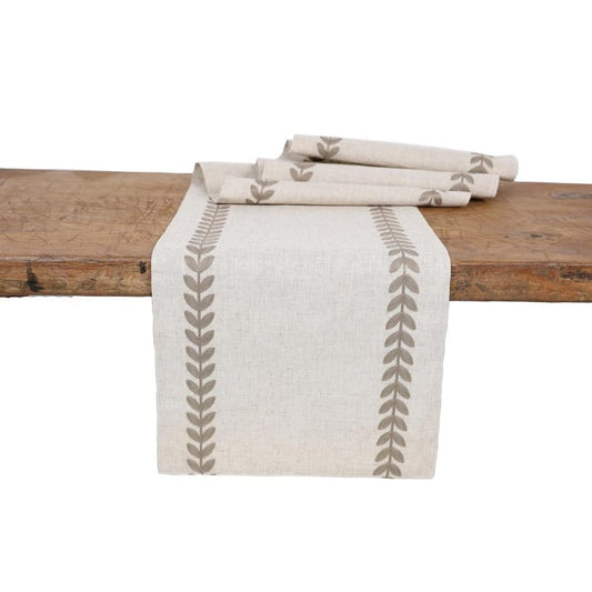 15 in. x 90 in. Cute Leaves Crewel Embroidered Table Runner, Taupe/Natural