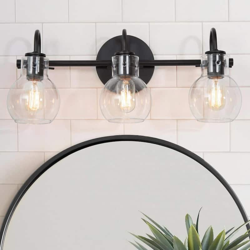 22 in. 3-Light Modern Black Bathroom Vanity Light Farmhouse Wall Sconce with Clear Glass Globe Shades