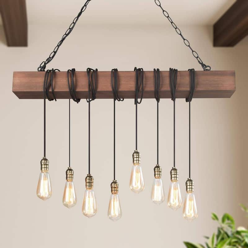 Wood Beam Chandelier 37.5 in. 8-Light Bronze Island Farmhouse Chandelier for Dining Room with Industrial Design