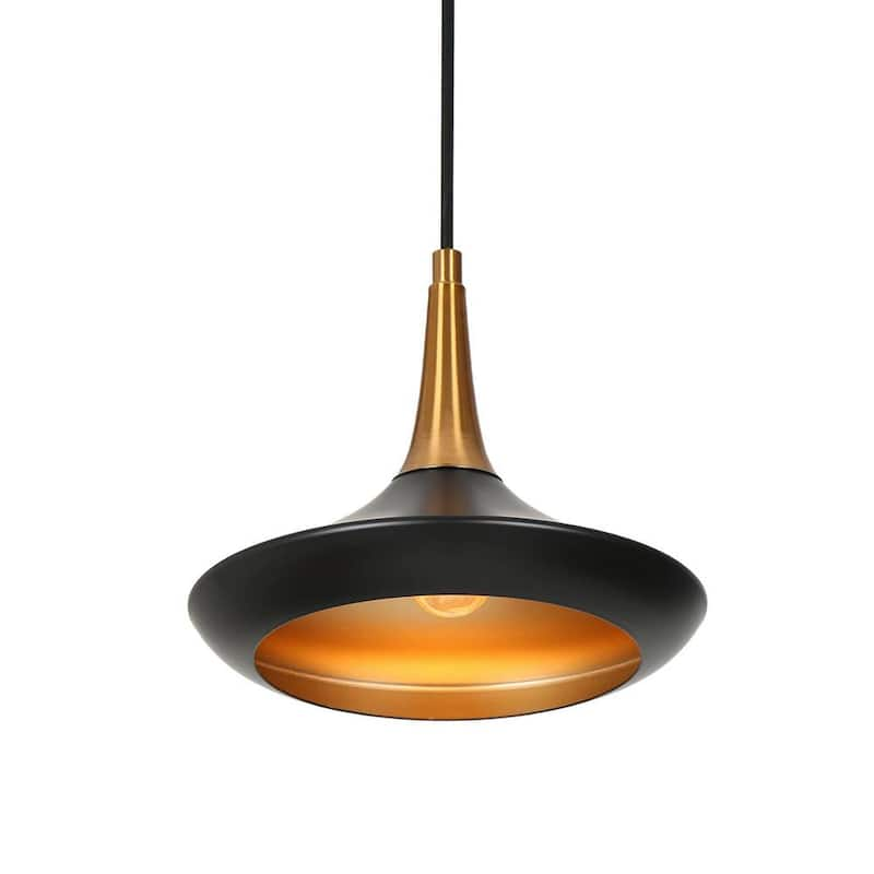 1-Light Black and Gold Mid Century Bowl Pendant Light with Metal Shade and Brass Accents