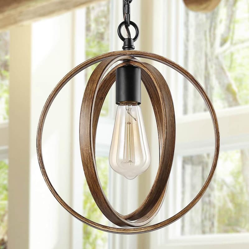 1-Light Black Modern Farmhouse Pendant Light with Faux Wood Accents Black Chandeliers for Dining Room