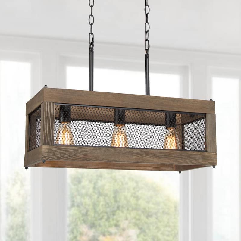 24 in. Black Wood Cage Island Chandelier 3-Light Farmhouse Rustic Ceiling Light with Iron Net for Kitchen Dining Room