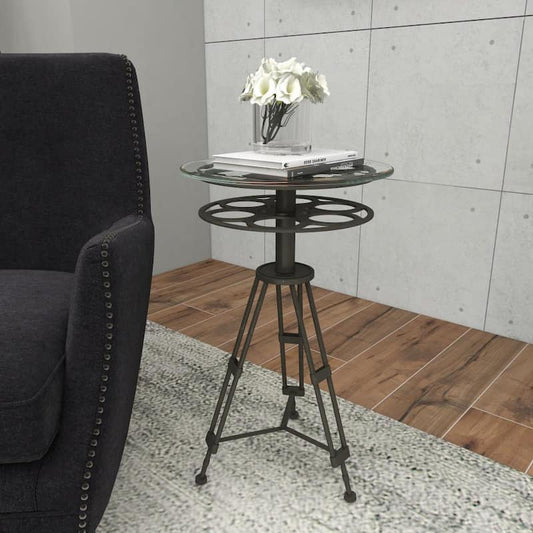 15 in. Black Film Reel Large Round Glass End Accent Table with Tripod Legs and Glass Top