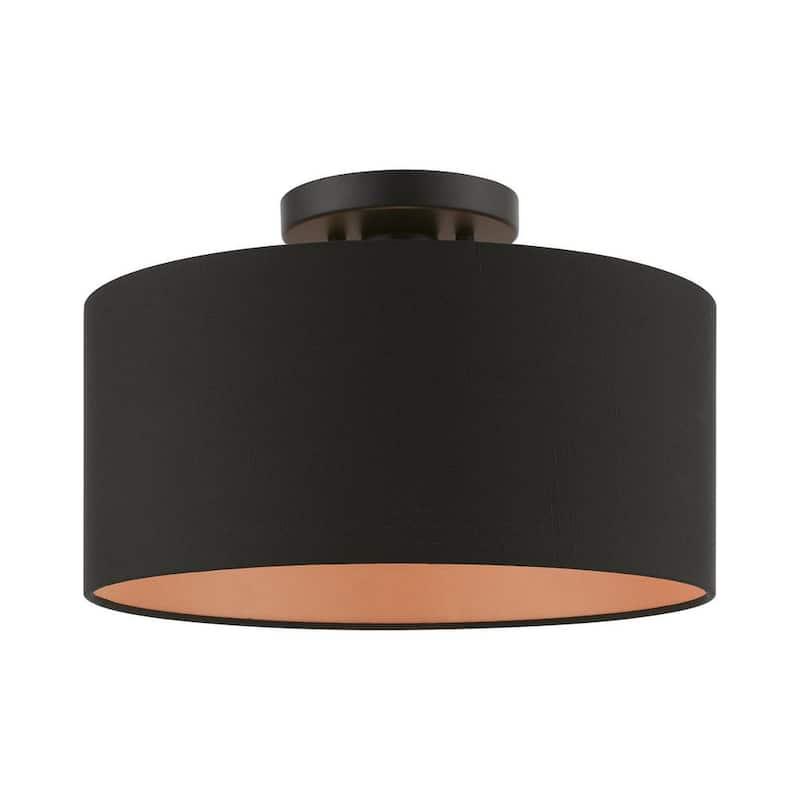 Sentosa 13 in. 1-Light Black Medium Semi-Flush Mount with Black Fabric Shade with Orange Fabric Inside