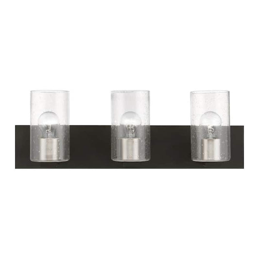 Zurich 23.5 in. 3-Light Black Vanity Light with Brushed Nickel Accents and Clear Seeded Glass Shades