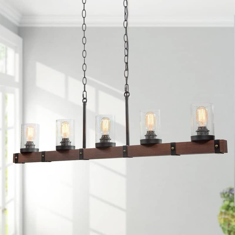 Wood Rectangular Chandelier, 43 in. Large 5-Light Linear Black Farmhouse Island Pendant with Seeded Glass Shades