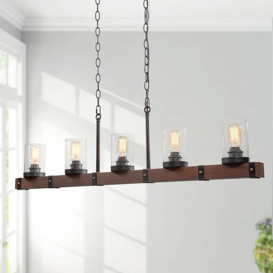 Wood Rectangular Chandelier, 43 in. Large 5-Light Linear Black Farmhouse Island Pendant with Seeded Glass Shades