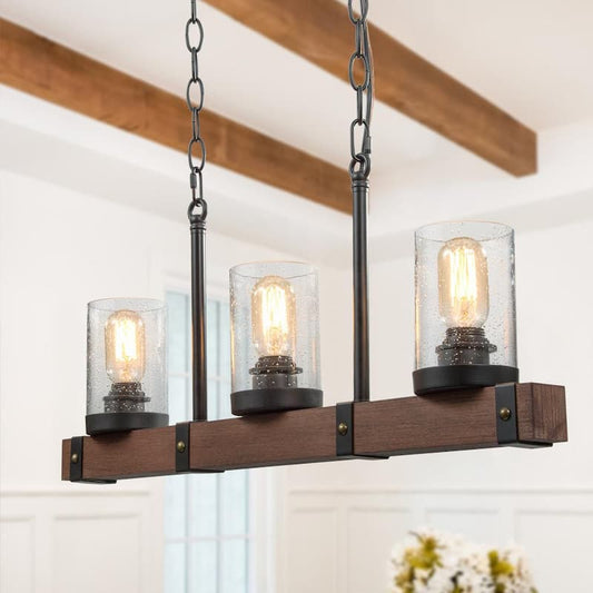 3-light Black Farmhouse Pendant Light Solid Wood Linear Island Chandelier Pendant Light with Seeded Glass Shades