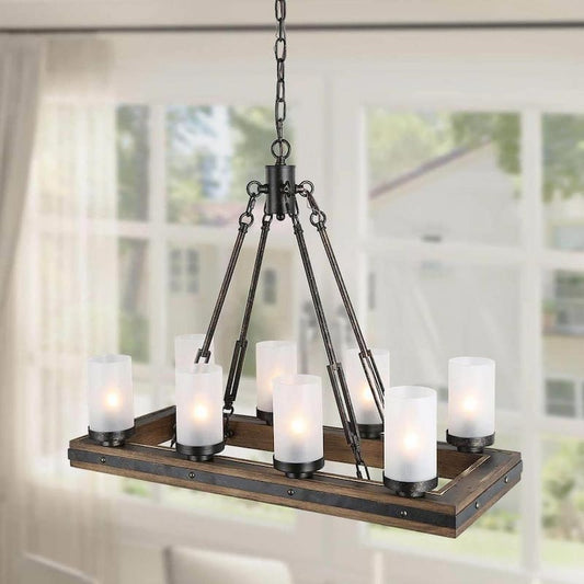 Wood Chandelier, Rustic 8-Light Linear Farmhouse Black Chandelier Kitchen Island Pendant Light with Frosted Glass Shades