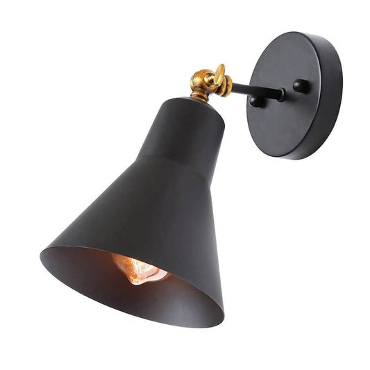 1-Light Wall Sconce Adjustable Modern Wall Sconce with Black Shade and Vintage Brass Accents