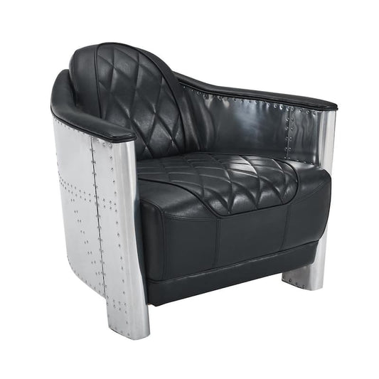 Top Leather Black Mid Century Modern Genuine Leather Accent Arm Chair with Vintage Aluminum Exterior Accented and Rivets