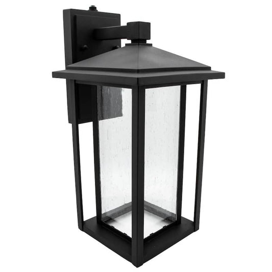 1-Light Black LED Outdoor Wall Lantern Sconce with Seeded Glass and Dusk to Dawn Sensor