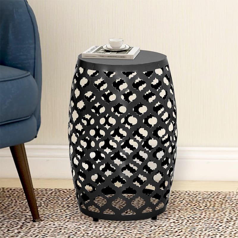 12.25 in. W x 17.75 in. H Tall Black Geometric Cut Iron Drum Accent Table