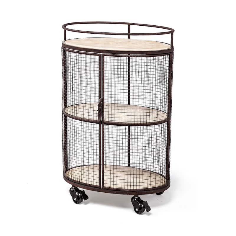 Saluti II Black Metal Frame Cage with 3-Wood Shelves Oval Bar Cart