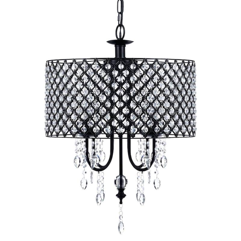 4-Light Black Crystal Chandelier with Metal Lattice Drum Shade