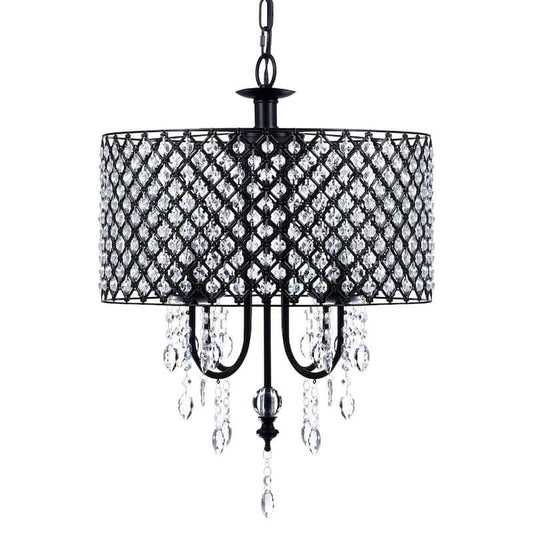 4-Light Black Crystal Chandelier with Metal Lattice Drum Shade