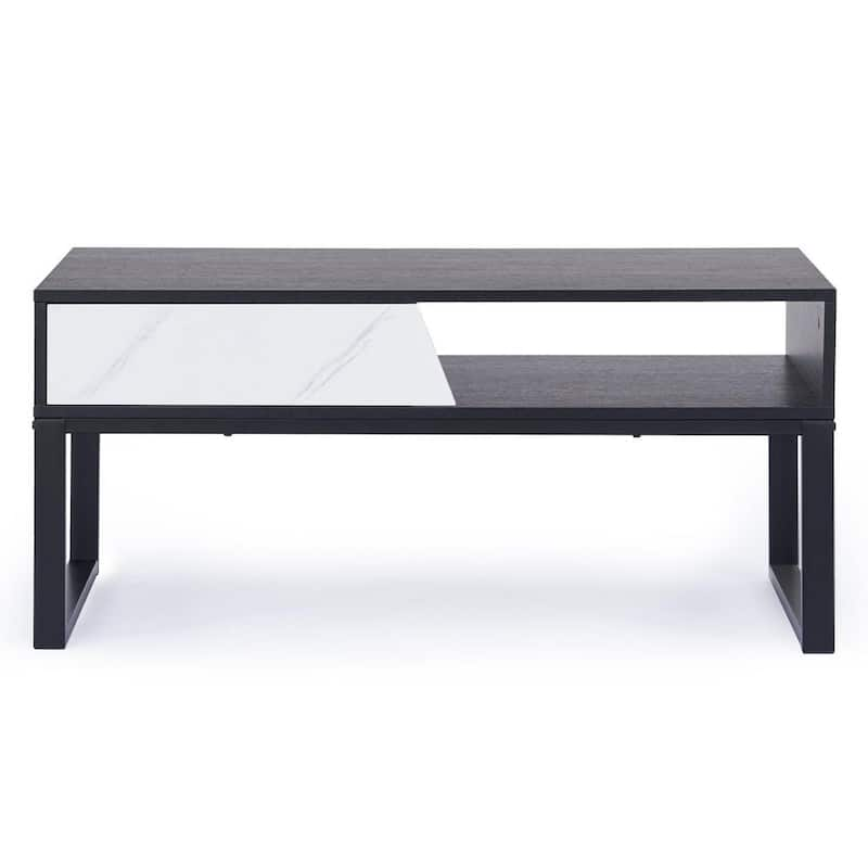 39 in. Black Modern Rectangle Particle Board Coffee Table with Shelf and Soft Closing Drawer