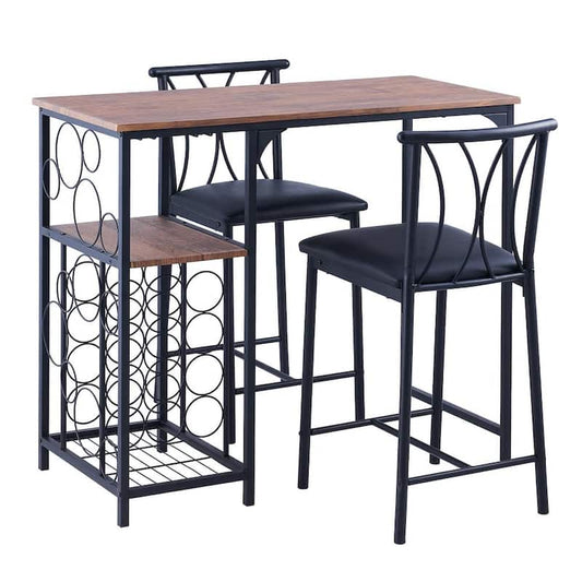 3-Piece Wood Top Rustic Wood Brown Bar Table Set with Wine Rack and Glass Holders