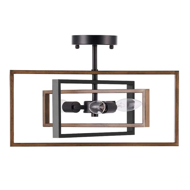 17.5 in. 3-Light Black and Brown Modern Semi-Flush Mount with Open Customizable Rectangular Frame