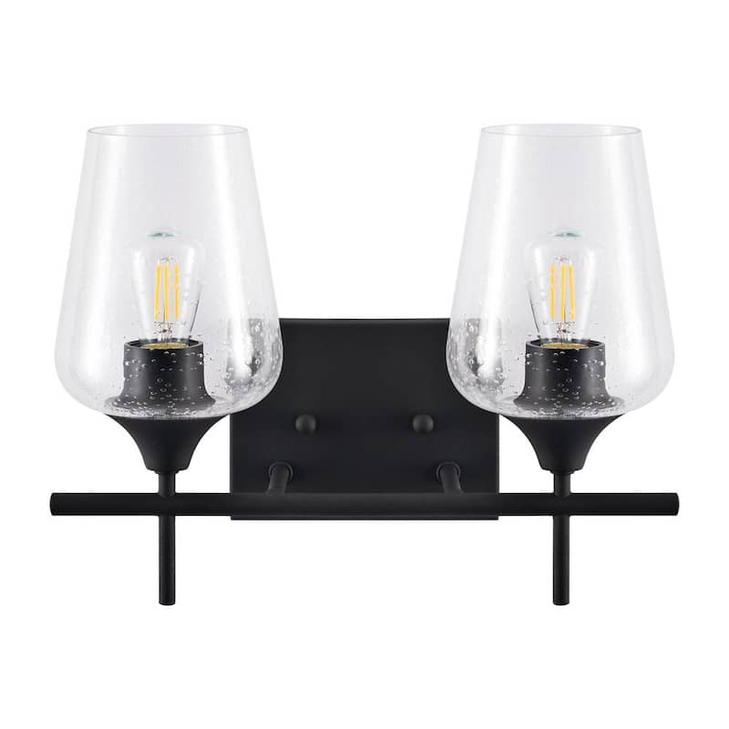 2-Light Black Bathroom Sconce Vanity Light with Seeded Glass Shades