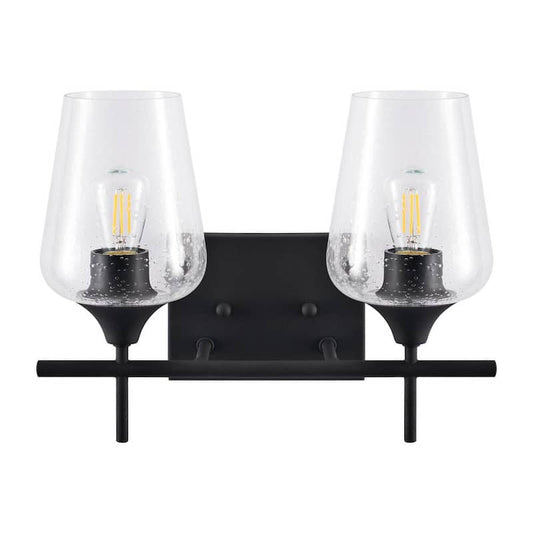 2-Light Black Bathroom Sconce Vanity Light with Seeded Glass Shades