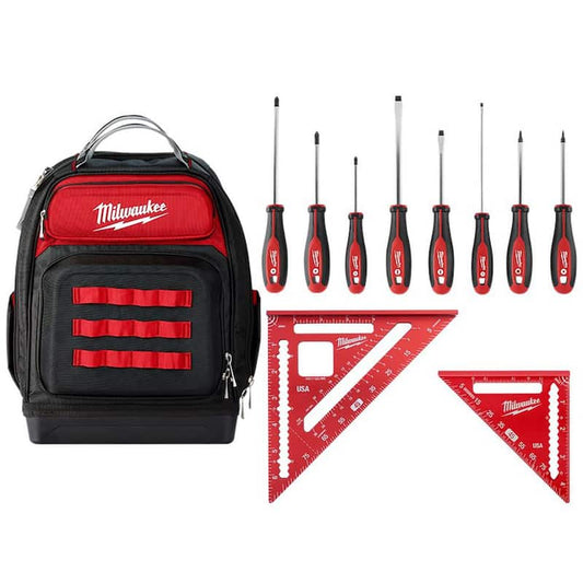 15 in. Ultimate Jobsite Backpack W/Screwdriver Set W/ 7 in. Rafter Square and 4-1/2 in. Trim Square Set (11-Piece)