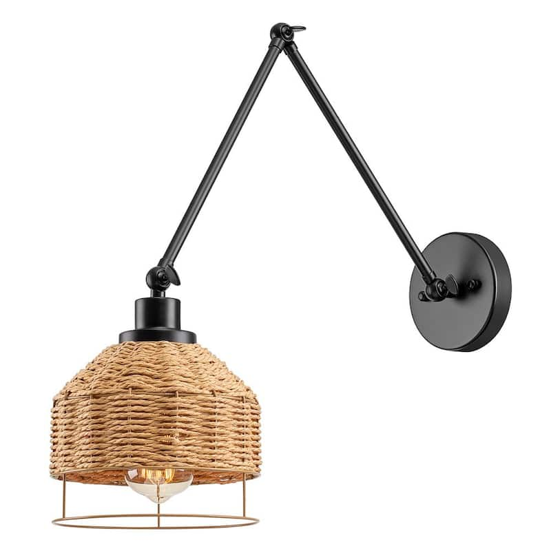 1-Light Black/Wood Hardwired Swing Arm Wall Lamp