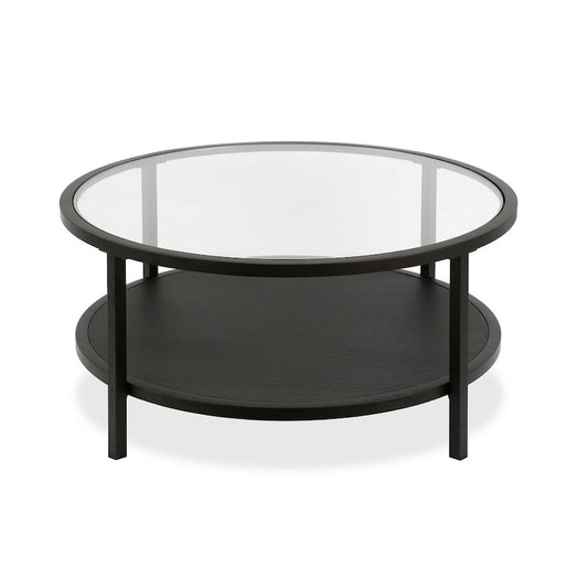 Rigan 36 in. Blackened Bronze/Clear Medium Round Glass Coffee Table with Shelf