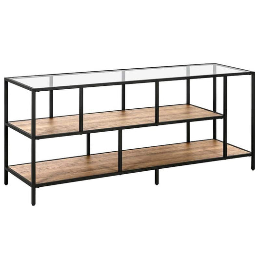 Winthrop 55 in. Blackened Bronze TV Stand Fits TV's up to 60 in. with Glass Top and Rustic Oak Shelves