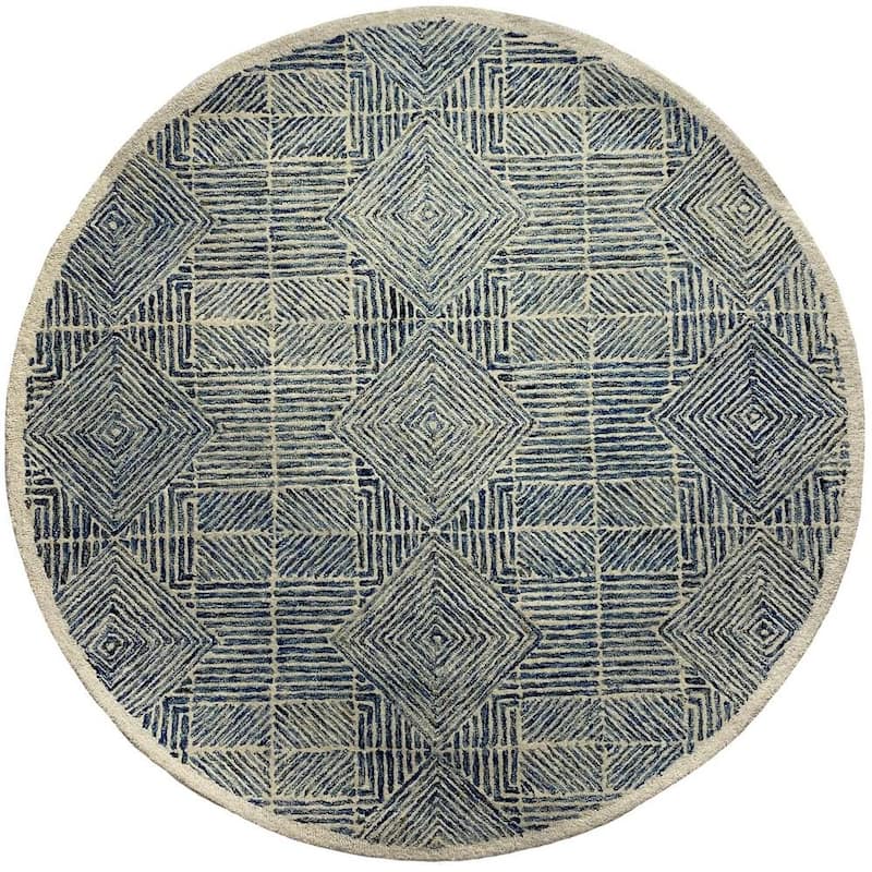 Zeno Blue/Cream 4 ft. 10 in. Round Intricate Geometric Wool Area Rug