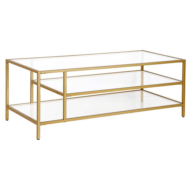 Winthrop 46 in. Brass Rectangle Glass Coffee Table with Glass Shelves