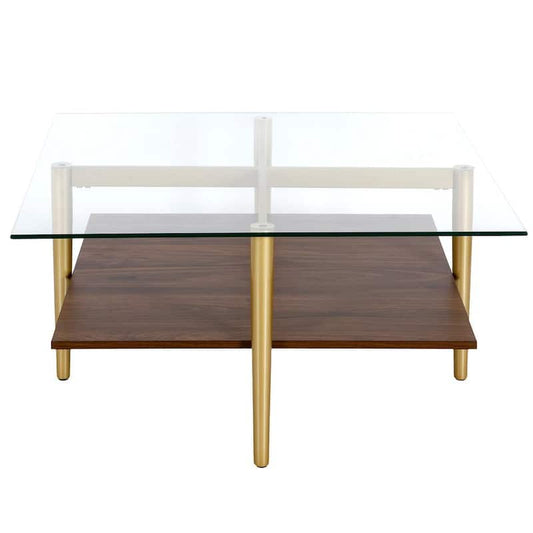 Otto 32 in. Brass Square Coffee Table with Glass Top and Faux Walnut Shelf