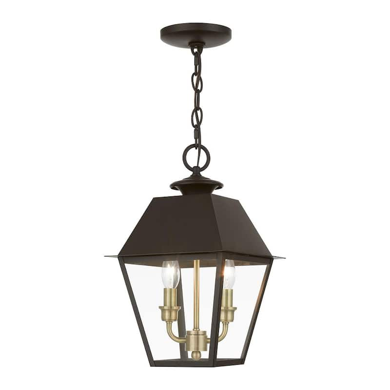 Wentworth 2-Light Bronze Outdoor Medium Pendant Lantern with Antique Brass Cluster