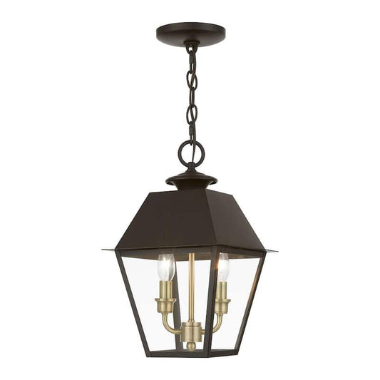 Wentworth 2-Light Bronze Outdoor Medium Pendant Lantern with Antique Brass Cluster