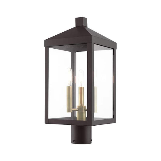 Nyack 3 Light Bronze with Antique Brass Cluser Outdoor Post Top Lantern