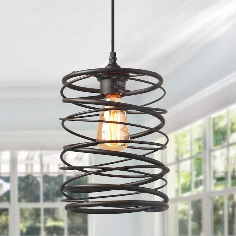 1-Light Industrial Farmhouse Bronze Pendant Geometric Lantern Cage Drum Island Pendant Light with Spiral Metal