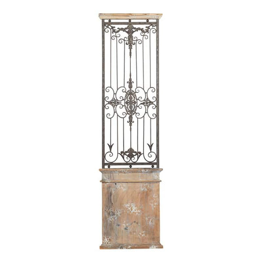 Wood Brown Distressed Door Inspired Ornamental Scroll Wall Decor with Metal Wire Details