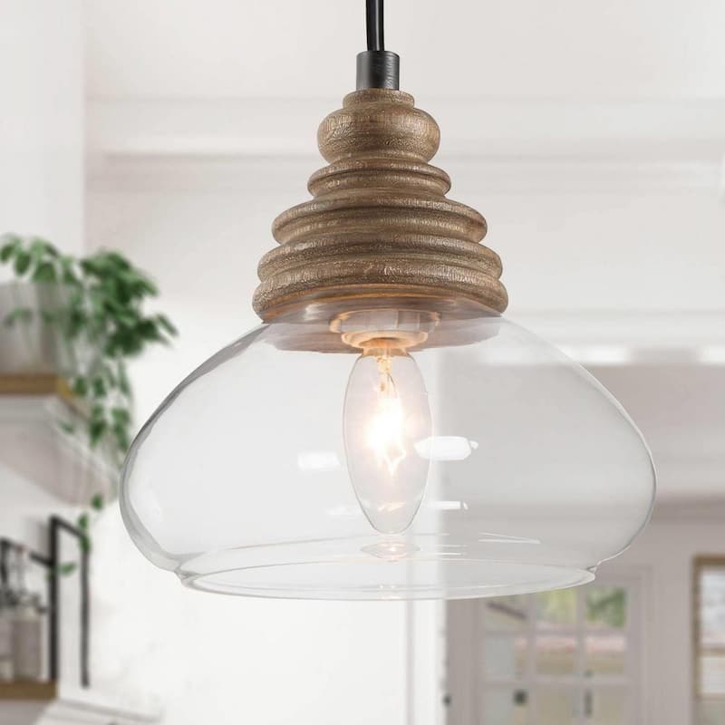 Rustic Brown Wood Pendant Light with Globe Clear Glass Shade, 1-Light Modern Farmhouse Kitchen Island Chandelier for DIY