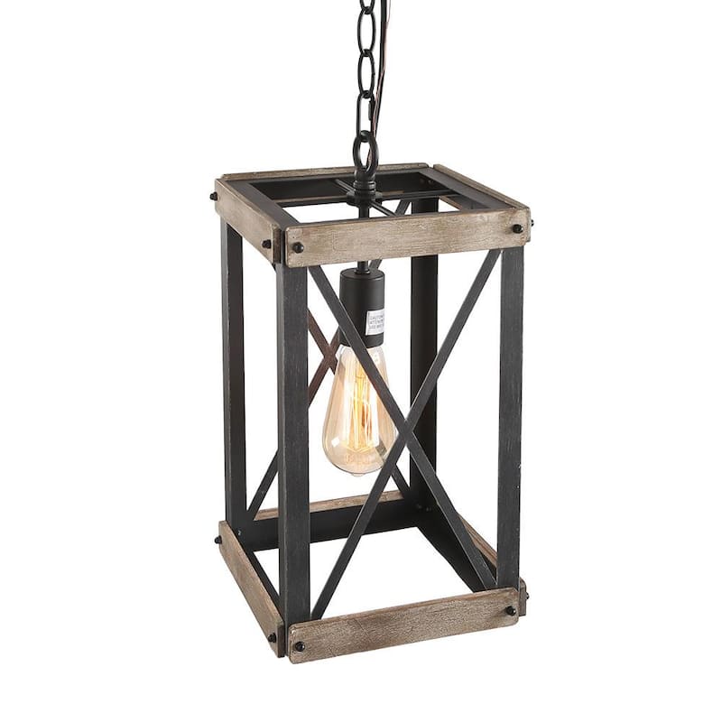 Wood Chandelier Farmhouse Black Lantern 1-Light Rustic Cage Square Kitchen Island Pendant Light