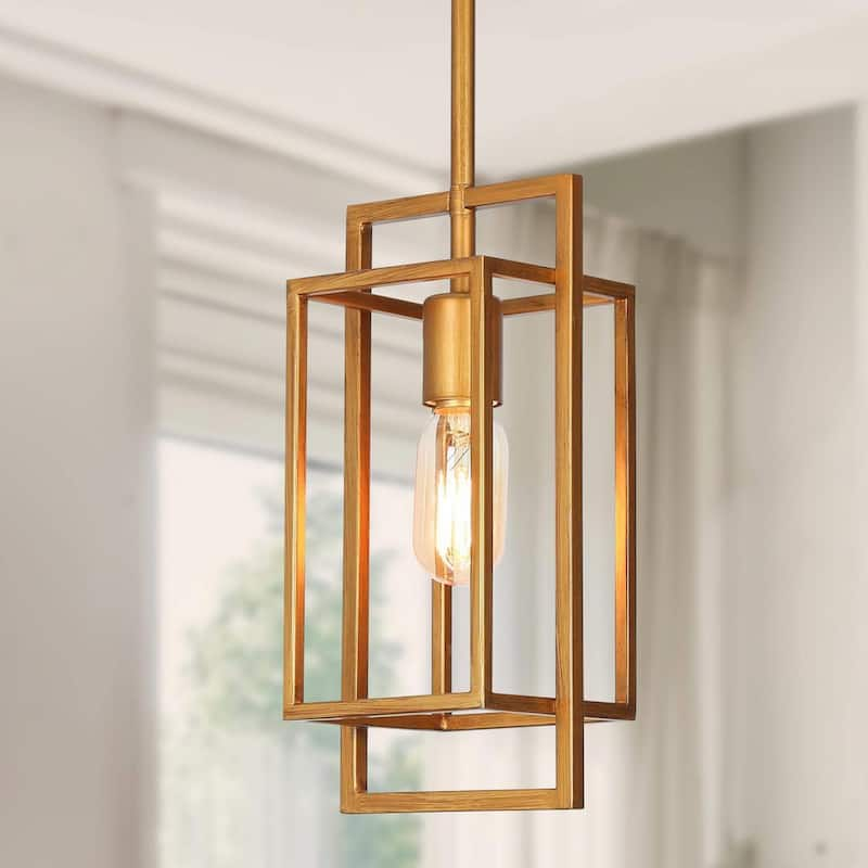 1-Light Vintage Brushed Gold Island Pendant Modern Geometric Cage Pendant Light Classic Antique Brass Foyer Light