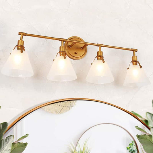 Vintage Brushed Gold Bathroom Vanity Light 31.5 in. 4-Light Powder Room Wall Sconce with White Frosted Bell Glass Shades