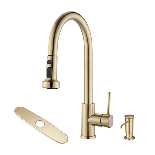 Single Handle Gooseneck Pull Down Sprayer Kitchen Faucet with Deckplate Included and Soap Dispenser in Brushed Gold