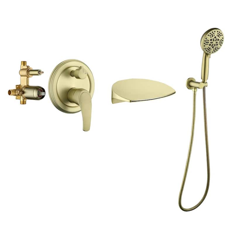 Poo Single-Handle Wall Mount Roman Tub Faucet with 7-Spray Round Hand Shower in Brushed Gold (Valve Included)