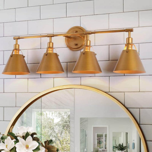 Vintage Brushed Gold Bathroom Vanity Light, 4-Light Powder Room Sconce with Metal Cone-Shaped Shades & Round Wall Plate