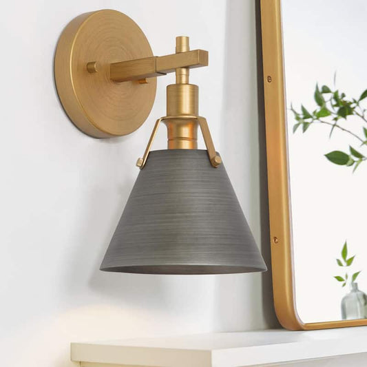 Transitional Brass Gold Bell Vanity Light, Industrial 1-Light Brushed Gray Bath Wall Mount Sconce with Open Metal Shade