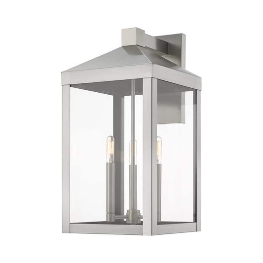 Nyack 3-Light Brushed Nickel Hardwired Large Outdoor Wall Lantern Sconce