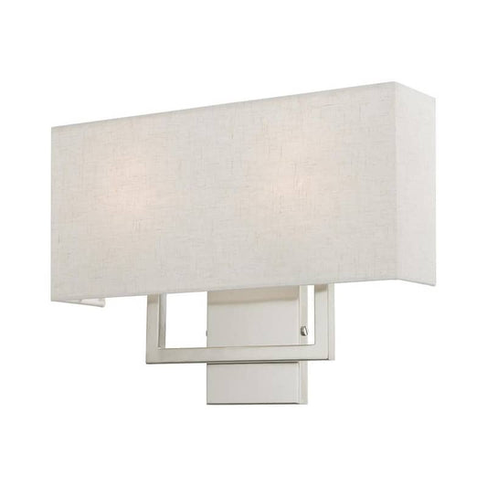 Pierson 16 in. 2-Light Brushed Nickel ADA Sconce with Oatmeal Color Fabric Shade