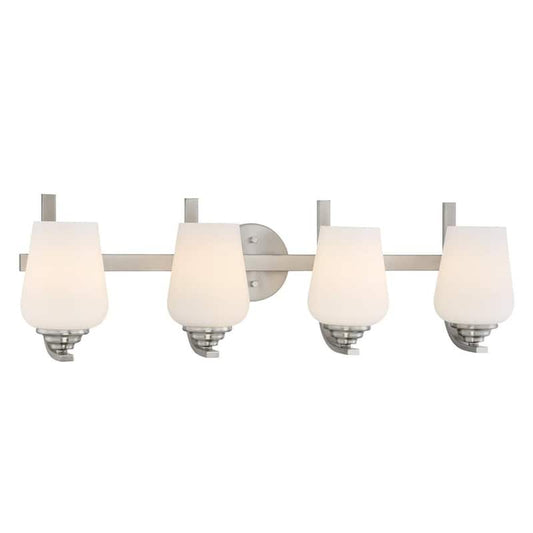 Shyloh 30.875 in. 4-Light Brushed Nickel Vanity Light with Etched Opal Glass Shades